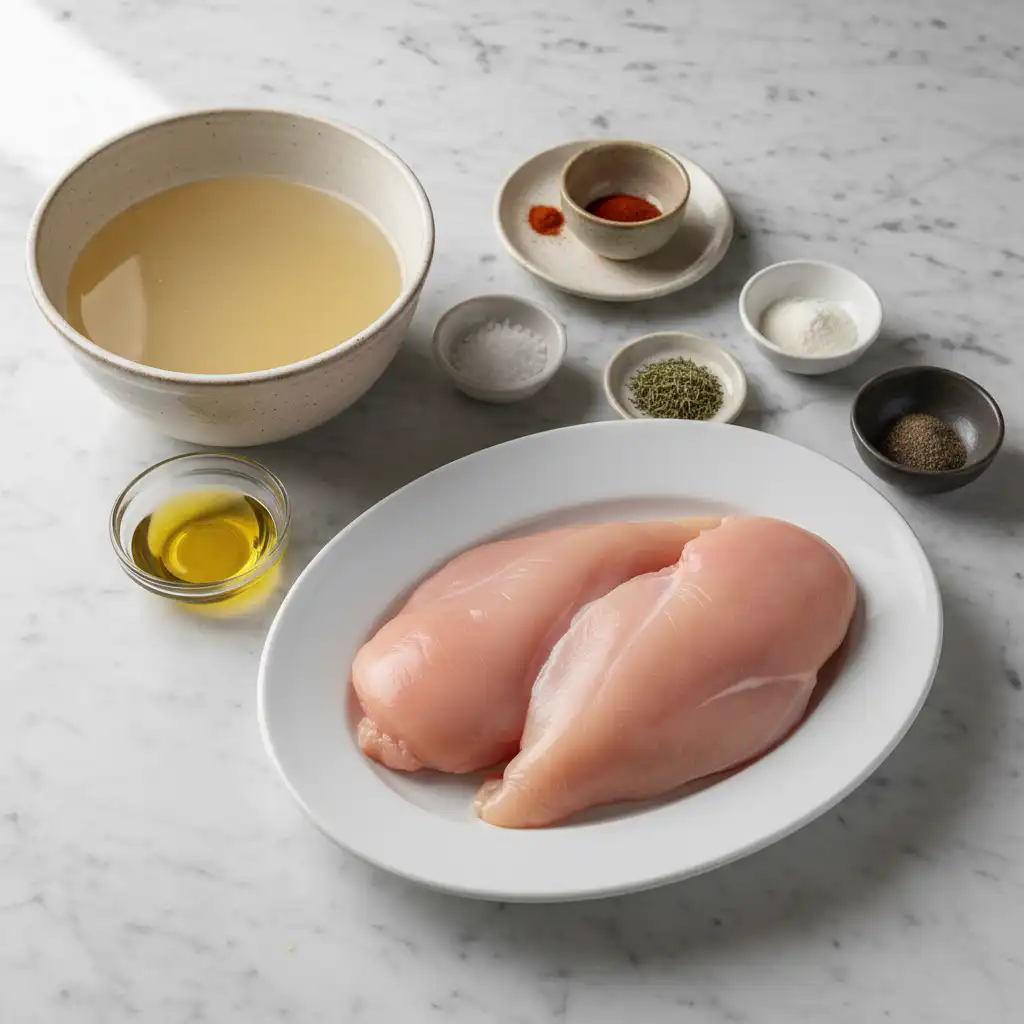 crockpot-chicken-breast-recipe-ingredients A colorful array of fresh ingredients for a delightful crockpot chicken breast recipe, including chicken, herbs, and vegetables.