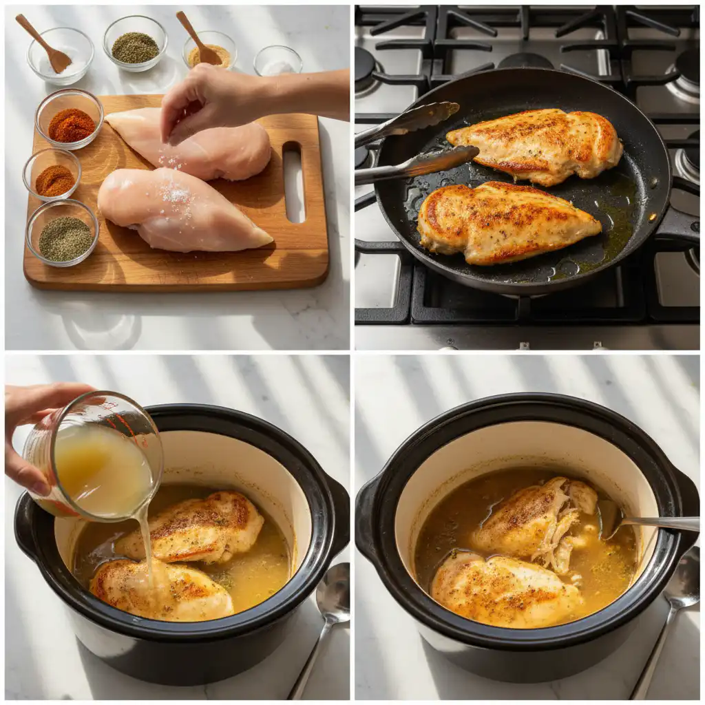 crockpot-chicken-breast-recipe-prep Hands actively placing chicken and other components into a slow cooker for a crockpot chicken breast recipe.