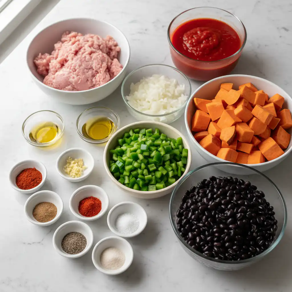 A vibrant assortment of fresh, wholesome ingredients laid out for making delicious crockpot ground turkey and sweet potato chili.