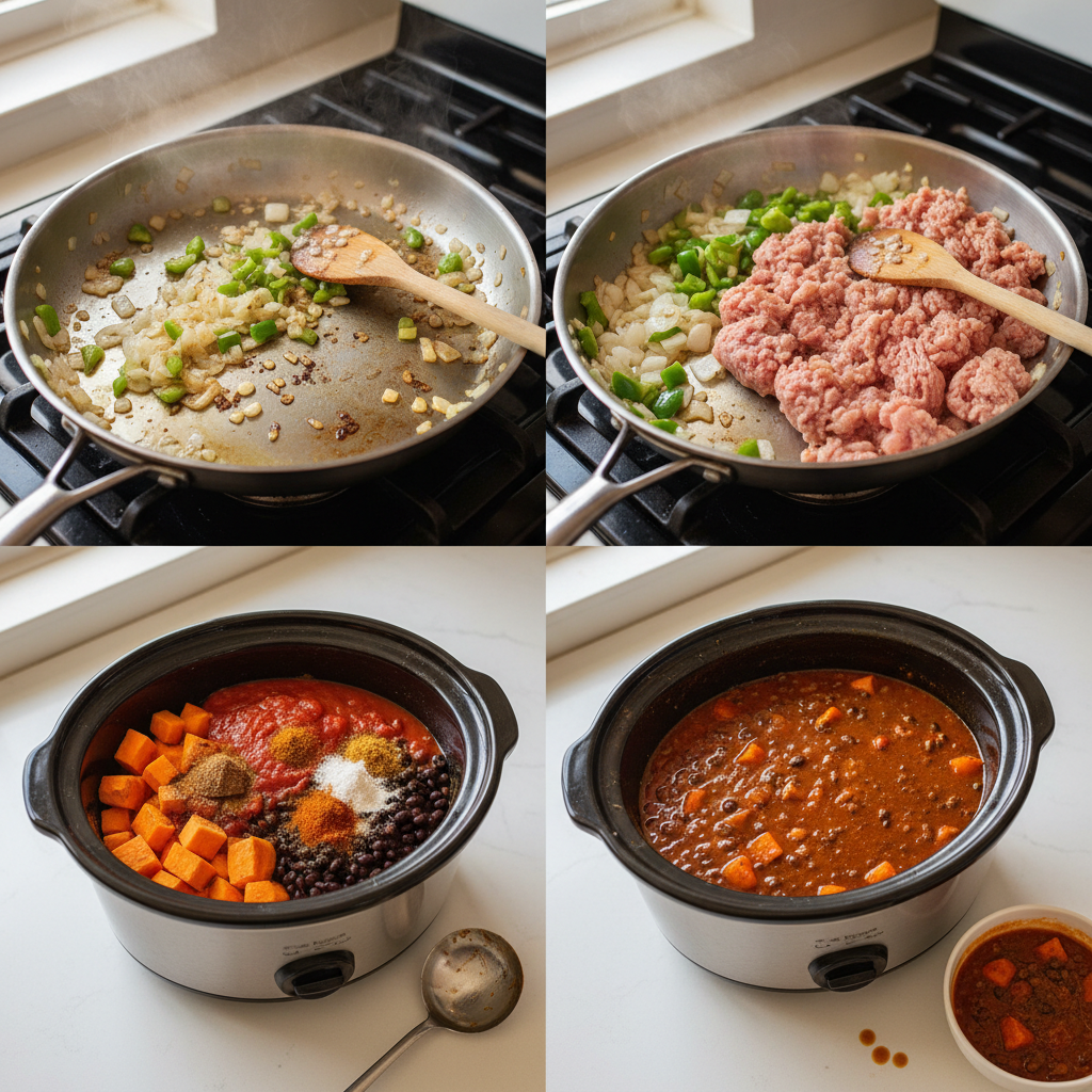 Prepared ingredients being added to a crockpot, showing the easy initial steps for making crockpot ground turkey and sweet potato chili.