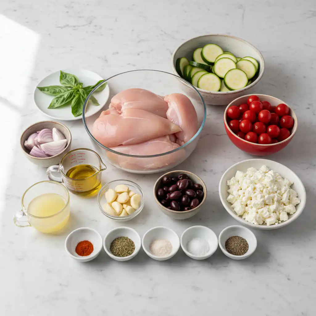 delicious-mediterranean-chicken-zucchini-bake-ingredients Fresh ingredients for Delicious Mediterranean Chicken Zucchini Bake laid out, including chicken, zucchini, tomatoes, and herbs.