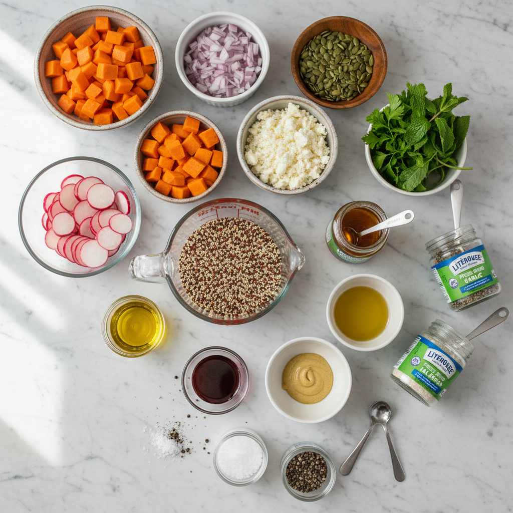Fresh ingredients laid out for dijon mustard quinoa salad with roasted vegetables, including colorful bell peppers, quinoa, and crisp greens.
