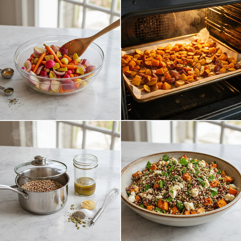 Hands mixing ingredients during the preparation of a dijon mustard quinoa salad with roasted vegetables.