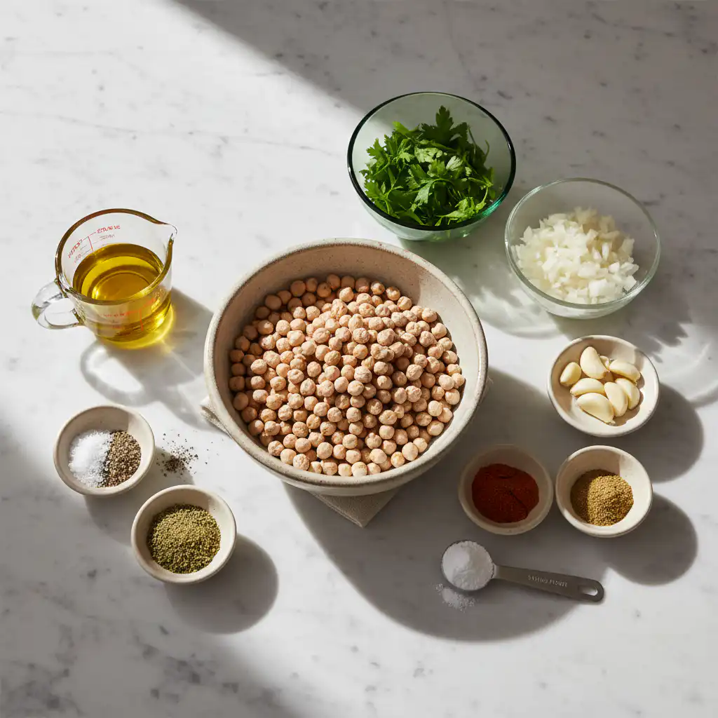 A vibrant array of fresh herbs, chickpeas, and spices laid out for an easy falafel recipe.