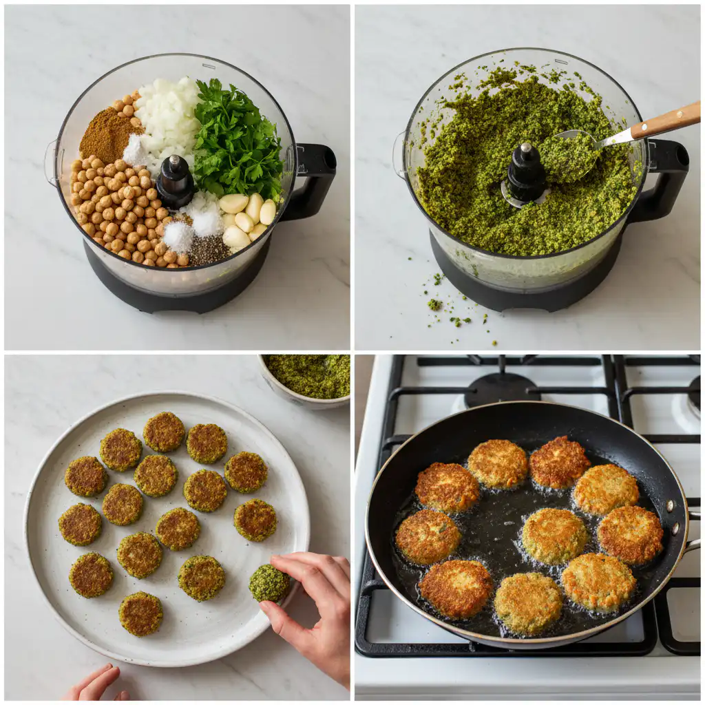 Hands blending fresh chickpeas and herbs in a food processor, showing a key step in an easy falafel recipe.