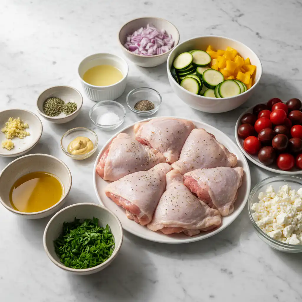Fresh, vibrant ingredients laid out for a delicious Greek Sheet Pan Chicken Dinner, including colorful bell peppers, red onion, and fragrant herbs.