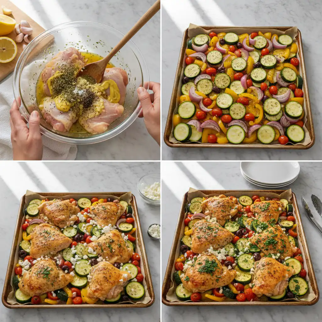 Chicken pieces and chopped vegetables seasoned and spread evenly on a baking sheet, ready for a Greek Sheet Pan Chicken Dinner.