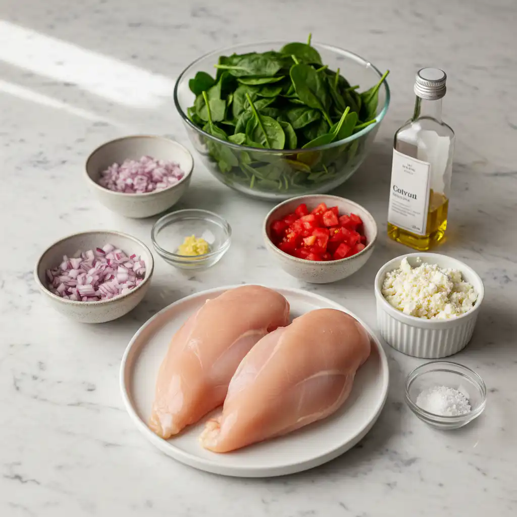 greek-stuffed-baked-chicken-ingredients A colorful array of fresh vegetables, herbs, and chicken breasts ready for Greek stuffed baked chicken.