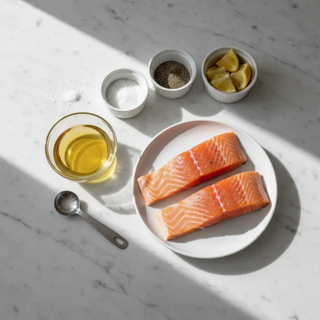 grilled-salmon-recipe-ingredients Fresh salmon fillets, vibrant herbs, and lemon wedges prepared for a delicious grilled salmon recipe.