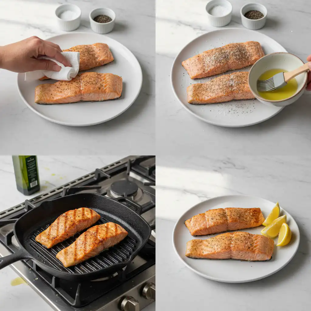 grilled-salmon-recipe-prep Hands season raw salmon fillets on a wooden board, ready for the perfect grilled salmon recipe.