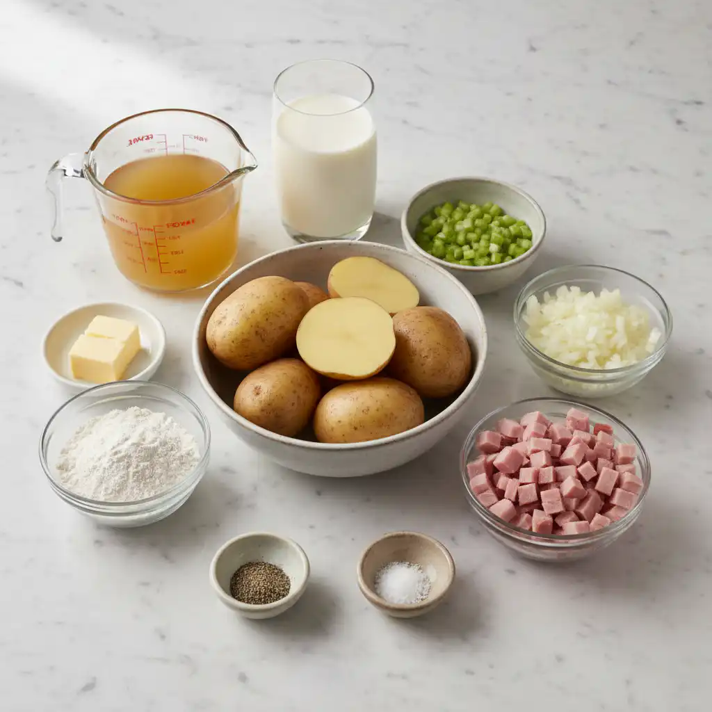 ham-and-potato-soup-ingredients Fresh ingredients for ham and potato soup, including diced ham, potatoes, carrots, and celery, laid out on a cutting board.
