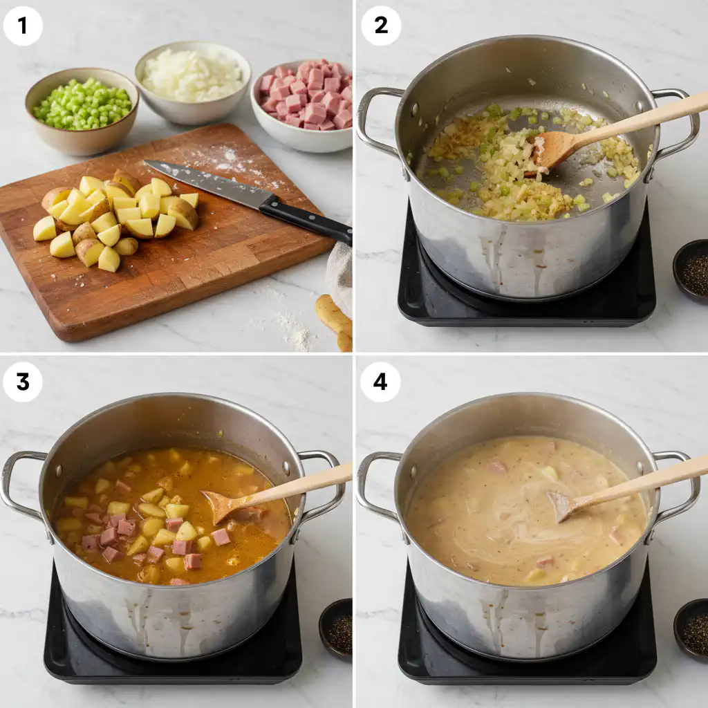 ham-and-potato-soup-prep A cook stirring a pot of ham and potato soup simmering on the stove, showing the cooking process.