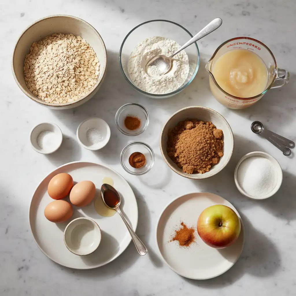 A colorful array of wholesome ingredients for healthy apple cinnamon baked oatmeal cups, including fresh apples, rolled oats, and spices.