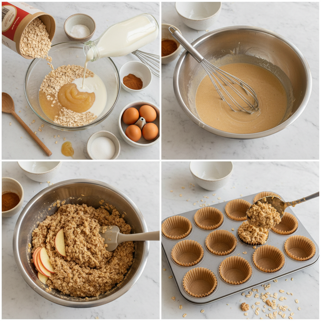 Hands mixing the prepared batter in a bowl, getting healthy apple cinnamon baked oatmeal cups ready for the muffin tin.