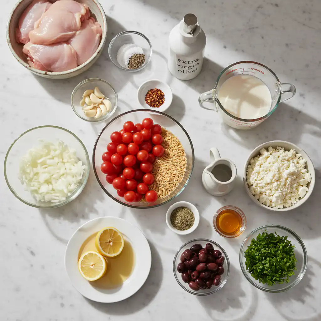 healthy-mediterranean-chicken-orzo-ingredients Fresh ingredients laid out for healthy Mediterranean chicken orzo, including chicken, orzo, and vibrant vegetables.