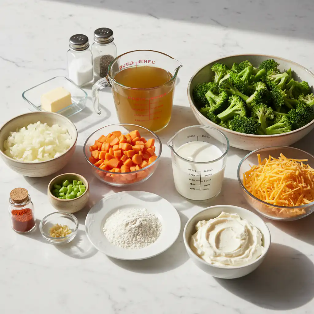 high-protein-broccoli-cheddar-soup-ingredients Fresh broccoli florets, sharp cheddar cheese, and creamy broth ingredients for high protein broccoli cheddar soup.