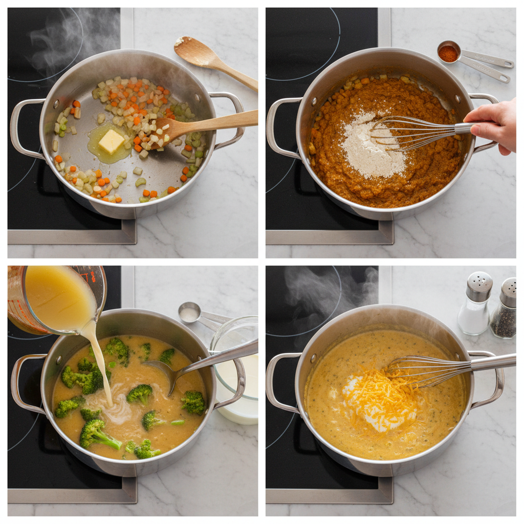 high-protein-broccoli-cheddar-soup-prep Hands chopping fresh broccoli and melting cheese, showing simple preparation steps for high protein broccoli cheddar soup.