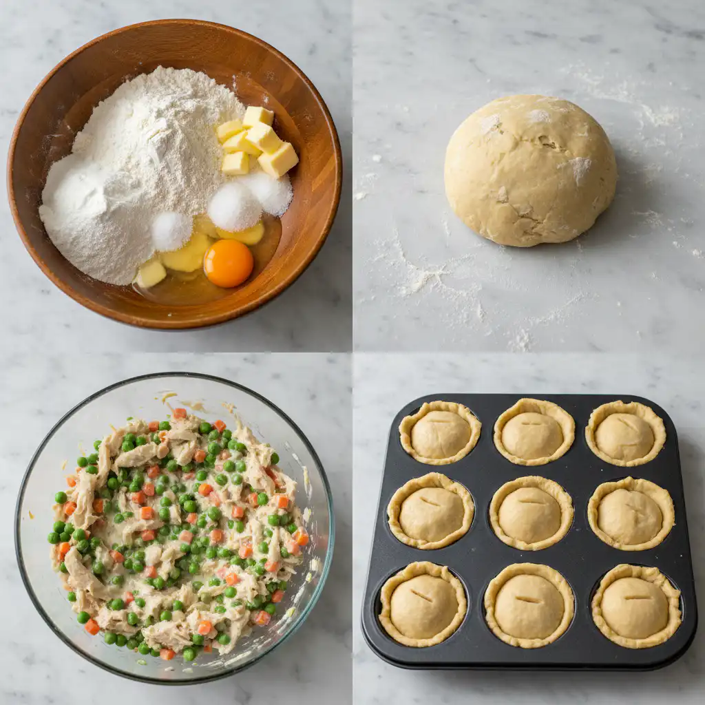 Hands expertly assembling High Protein Mini Pumpkin Chicken Pot Pies into individual baking dishes.