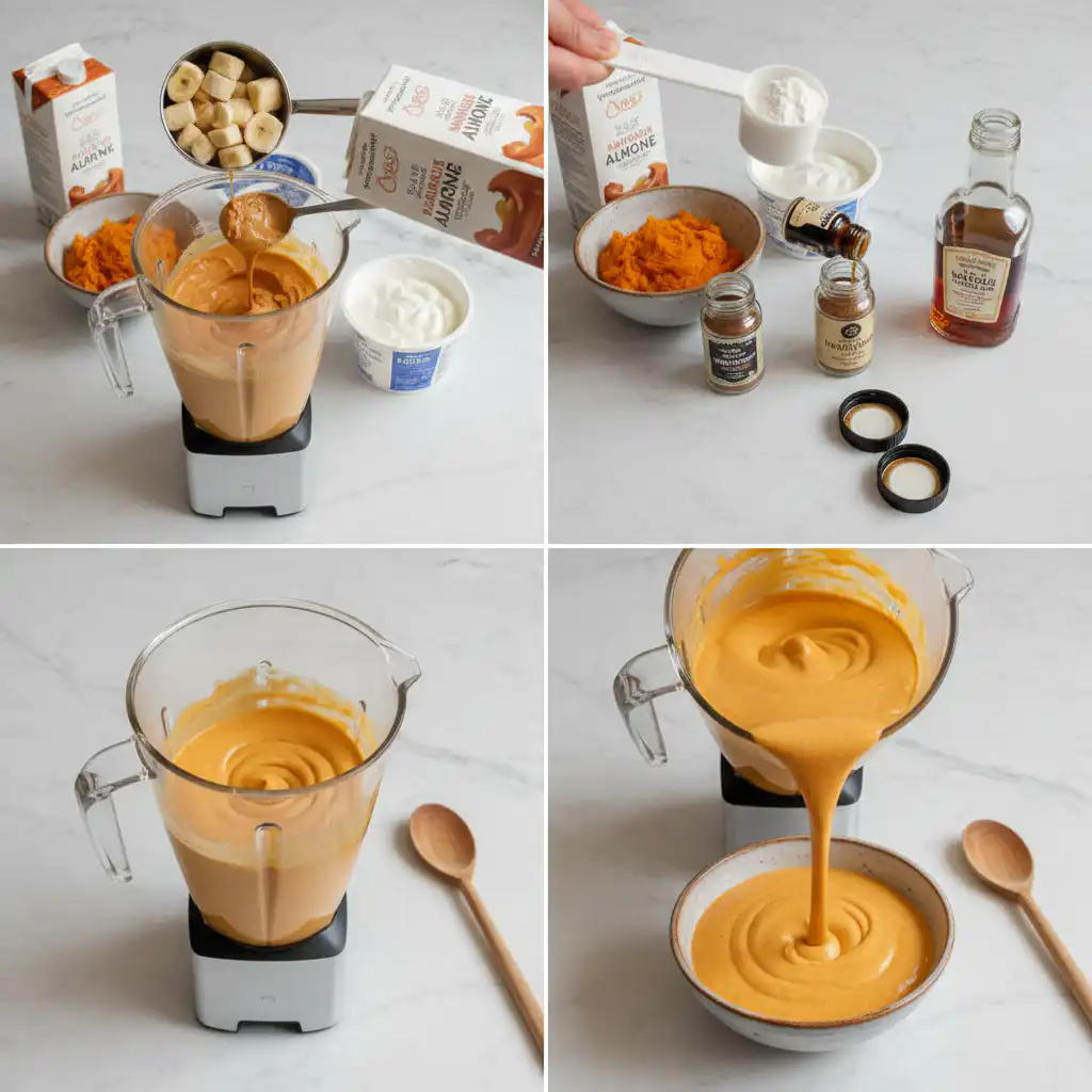 Hands blending ingredients together for a high protein pumpkin pie smoothie bowl in a powerful blender.