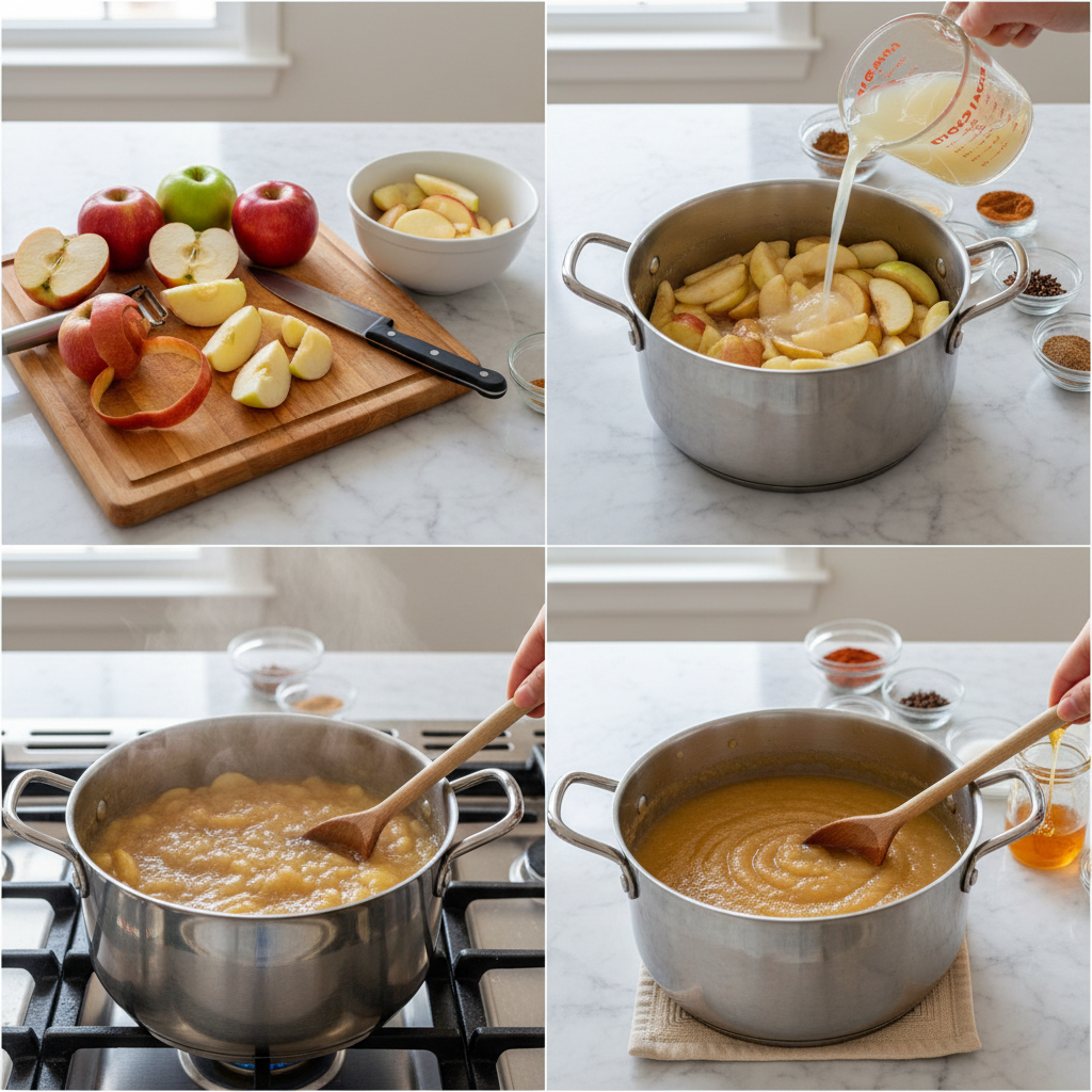 A person's hands are peeling and coring fresh apples over a wooden cutting board, preparing them for homemade applesauce.