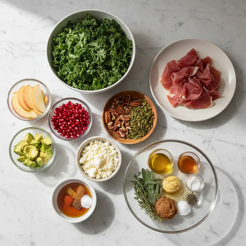 Fresh, vibrant ingredients for a honeycrisp apple and feta fall harvest salad, featuring crisp apples, creamy feta, and mixed greens.