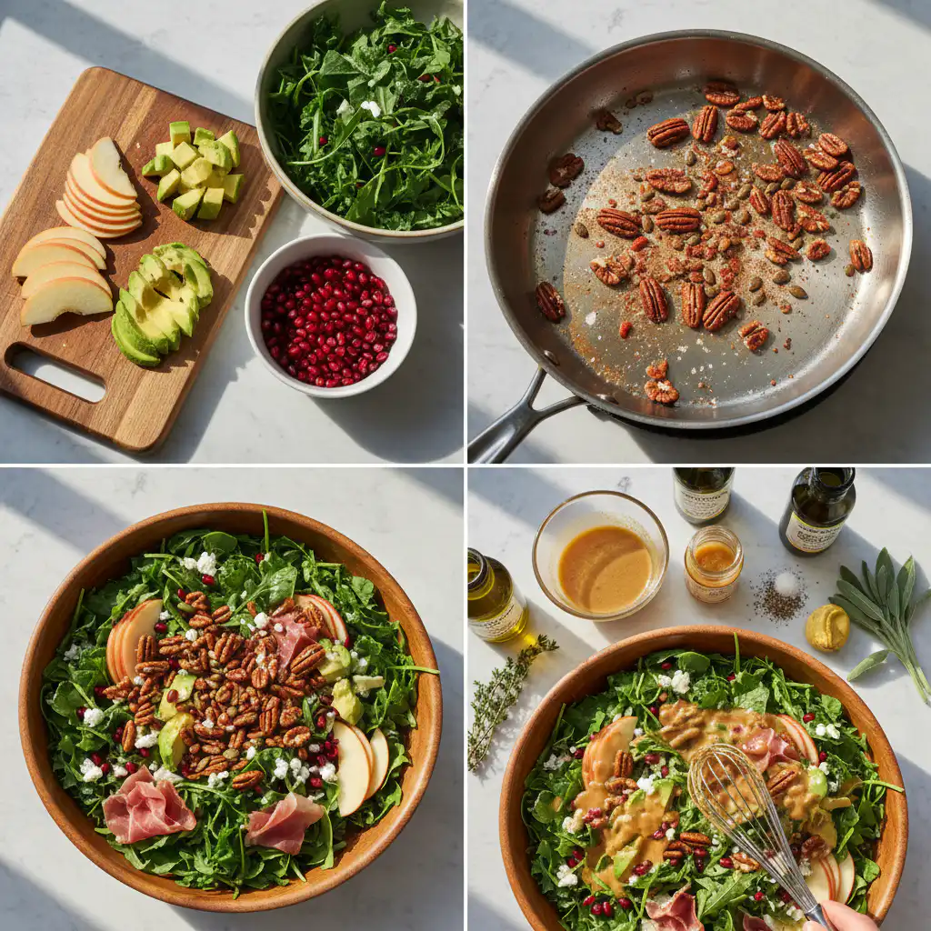 Hands gently tossing vibrant greens, crisp honeycrisp apple slices, and crumbled feta cheese for the fall harvest salad.