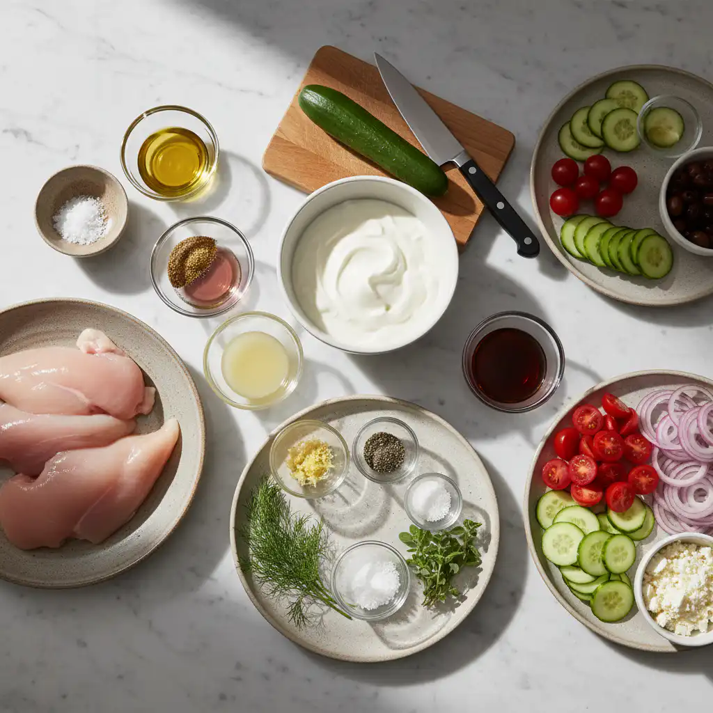 low-carb-greek-chicken-bowls-ingredients A colorful array of fresh vegetables, herbs, and chicken ingredients for delicious low-carb Greek chicken bowls.