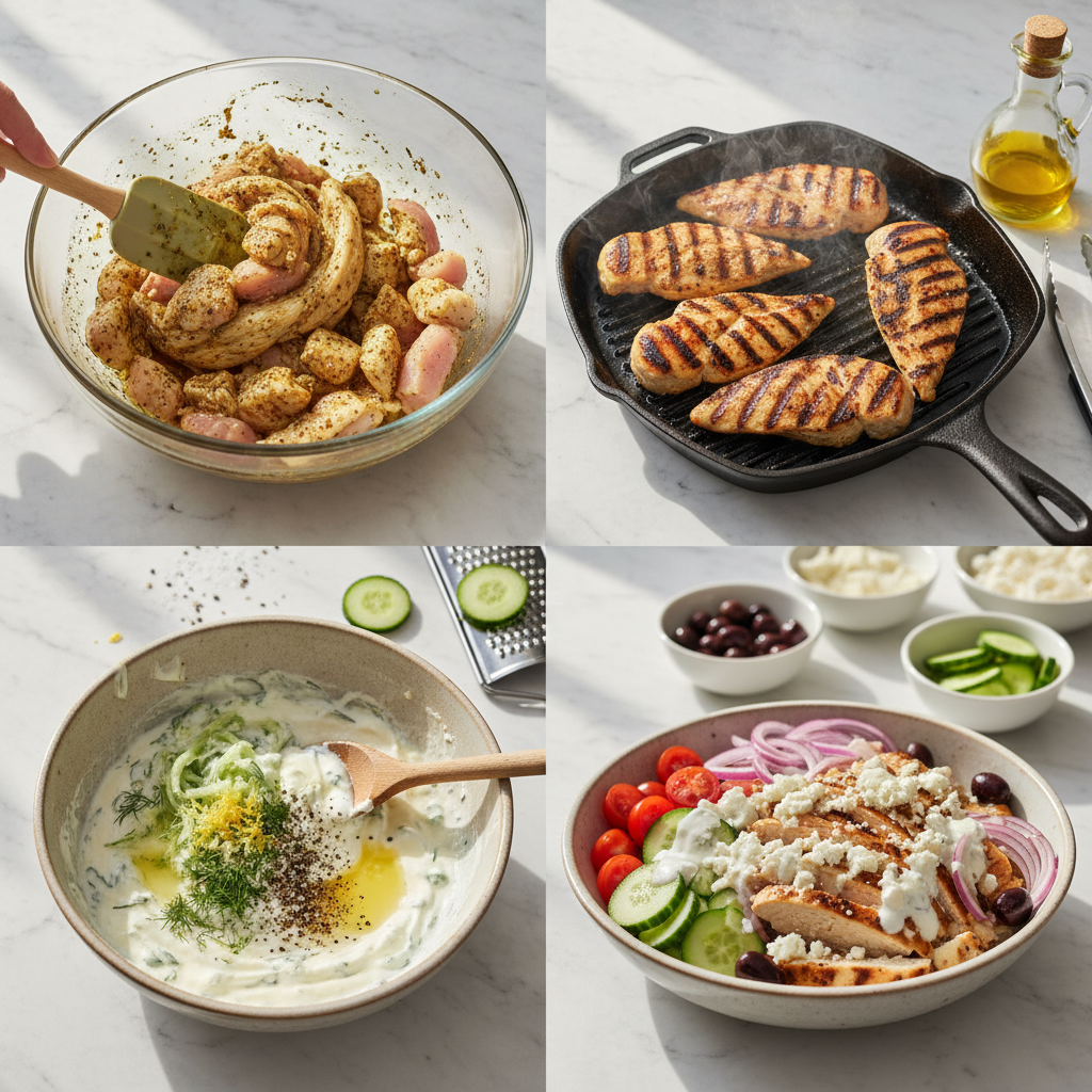 low-carb-greek-chicken-bowls-prep Hands preparing fresh vegetables and grilling seasoned chicken for easy low-carb Greek chicken bowls.