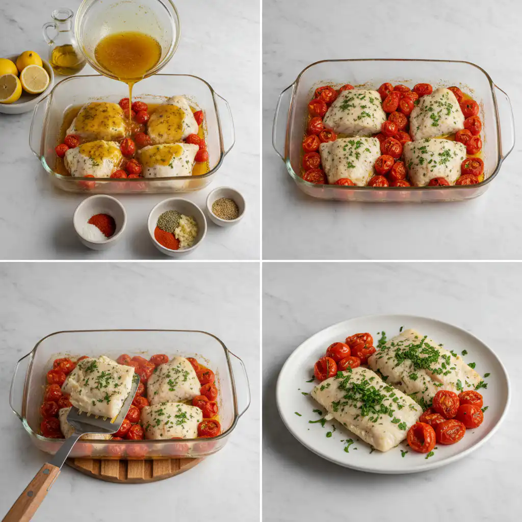 Hands preparing Mediterranean baked fish, arranging fresh vegetables and herbs around a fish in a baking dish before cooking.