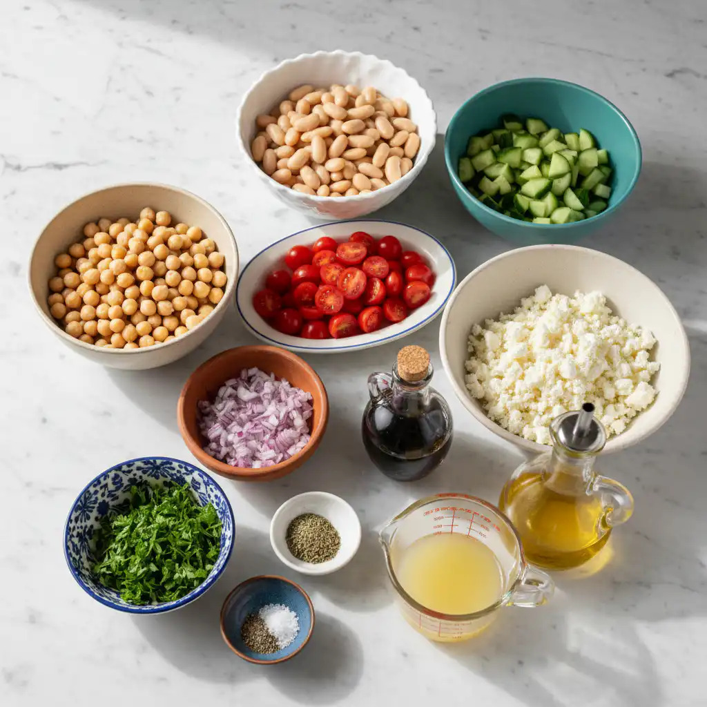 mediterranean-bean-salad-ingredients A colorful array of fresh, vibrant ingredients including chickpeas, bell peppers, and herbs for mediterranean bean salad.