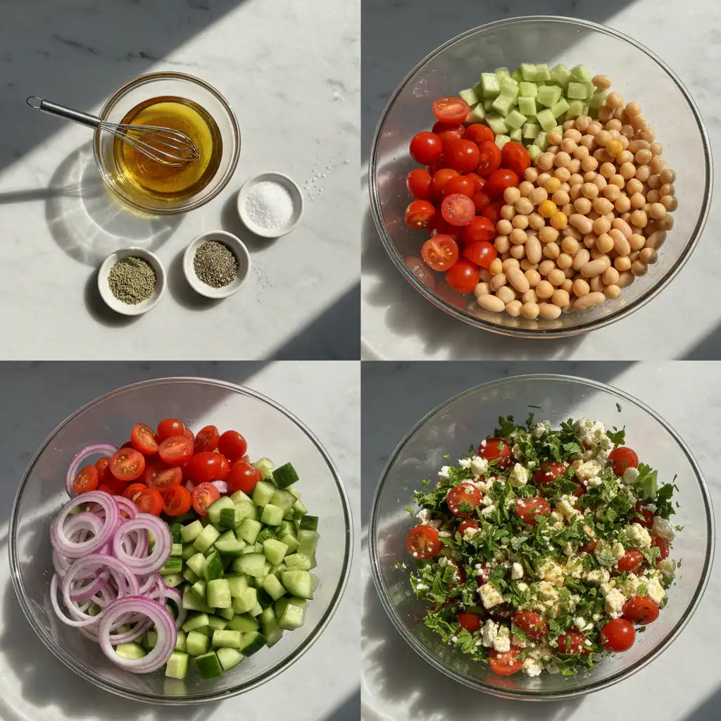 mediterranean-bean-salad-prep Hands gently tossing a large bowl of chopped vegetables and beans, demonstrating the preparation of a mediterranean bean salad.