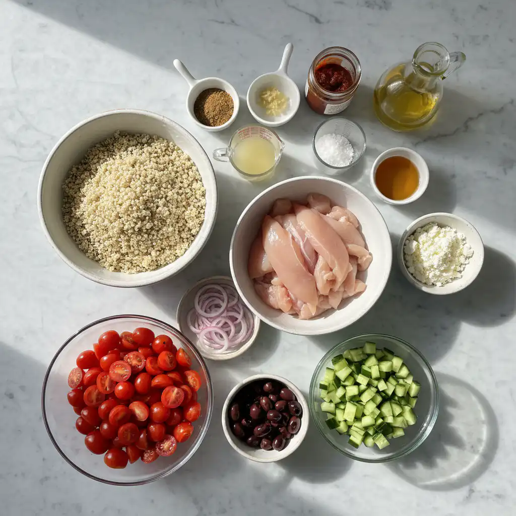 mediterranean-bowl-recipe-ingredients A beautiful spread of fresh vegetables, creamy feta, and grains laid out for a Mediterranean bowl recipe.