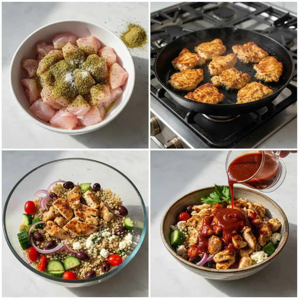 mediterranean-bowl-recipe-prep Hands assembling a healthy and colorful mediterranean bowl recipe with fresh ingredients.