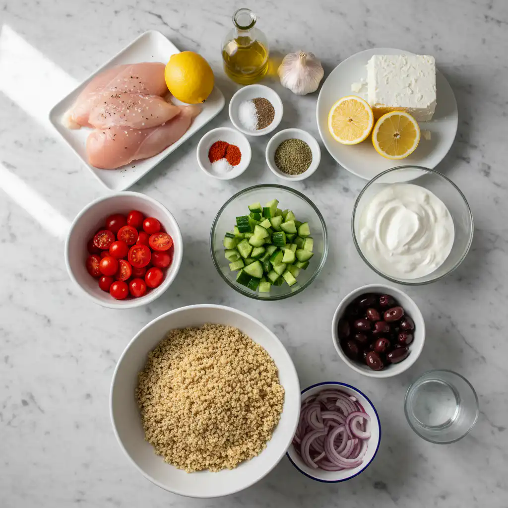 mediterranean-chicken-bowl-ingredients Fresh ingredients laid out for a vibrant mediterranean chicken bowl recipe, including chicken, chickpeas, and colorful vegetables.