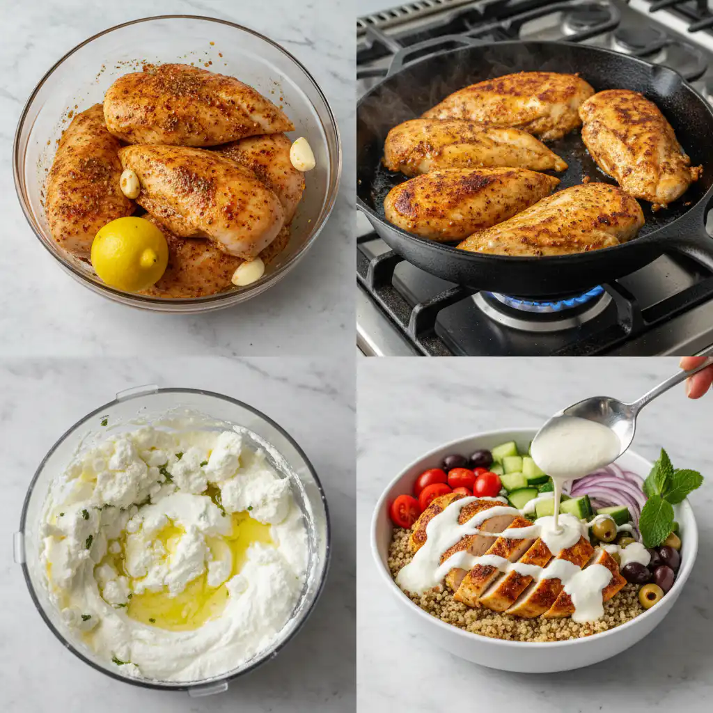 mediterranean-chicken-bowl-prep Hands assembling a colorful mediterranean chicken bowl, combining roasted chicken, fresh greens, and vibrant toppings.