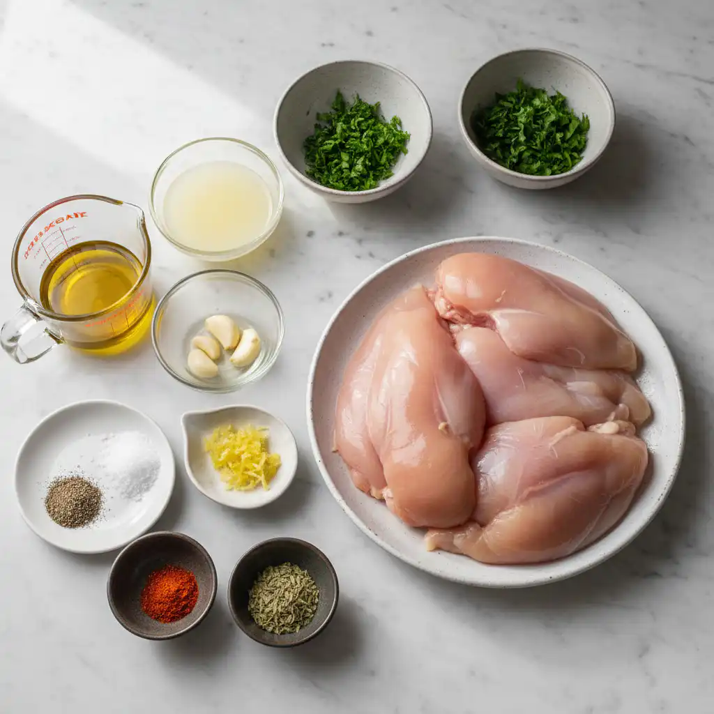 mediterranean-chicken-marinade-ingredients A colorful array of fresh herbs, zesty lemons, and olive oil, essential ingredients for Mediterranean chicken marinade.