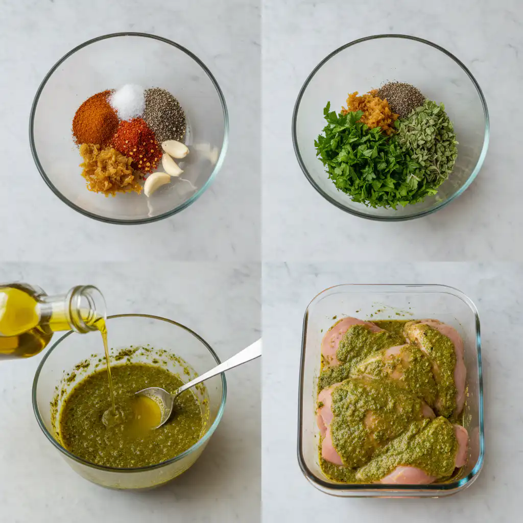 mediterranean-chicken-marinade-prep Hands gently whisking fresh herbs, garlic, lemon, and olive oil to create a homemade Mediterranean chicken marinade.
