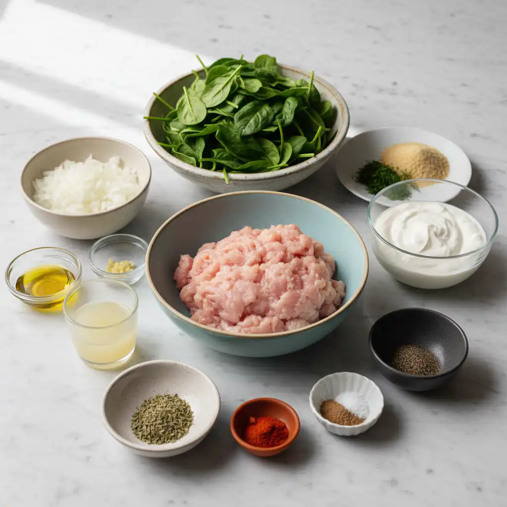 mediterranean-chicken-patties-ingredients Fresh ingredients laid out for making delicious Mediterranean Chicken Patties, including ground chicken, herbs, and spices.