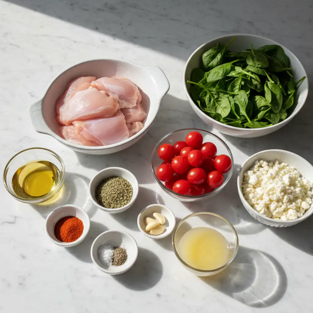 mediterranean-chicken-stir-fry-ingredients A colorful array of fresh vegetables, herbs, and chicken pieces prepped for a Mediterranean Chicken Stir Fry.