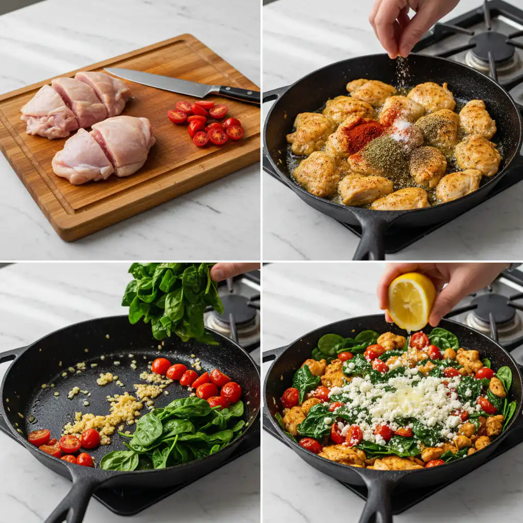 mediterranean-chicken-stir-fry-prep Hands stirring vibrant vegetables and chicken in a hot pan, actively cooking a Mediterranean Chicken Stir Fry.