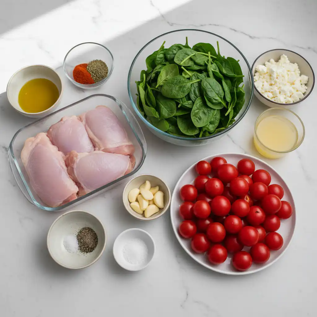 mediterranean-chicken-stir-fry-with-spinach-and-cherry-tomatoes-ingredients A vibrant array of fresh ingredients, including chicken, spinach, and cherry tomatoes, ready for Mediterranean Chicken Stir Fry.