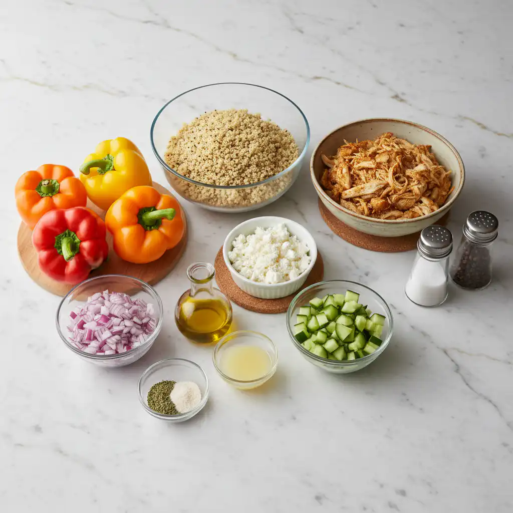 mediterranean-chicken-stuffed-bell-peppers-ingredients Fresh chicken, vibrant bell peppers, and Mediterranean spices are ready for making stuffed bell peppers.