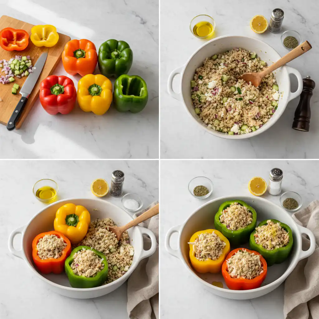 mediterranean-chicken-stuffed-bell-peppers-prep Hands carefully stuff bell peppers with a savory Mediterranean chicken and rice mixture before baking.