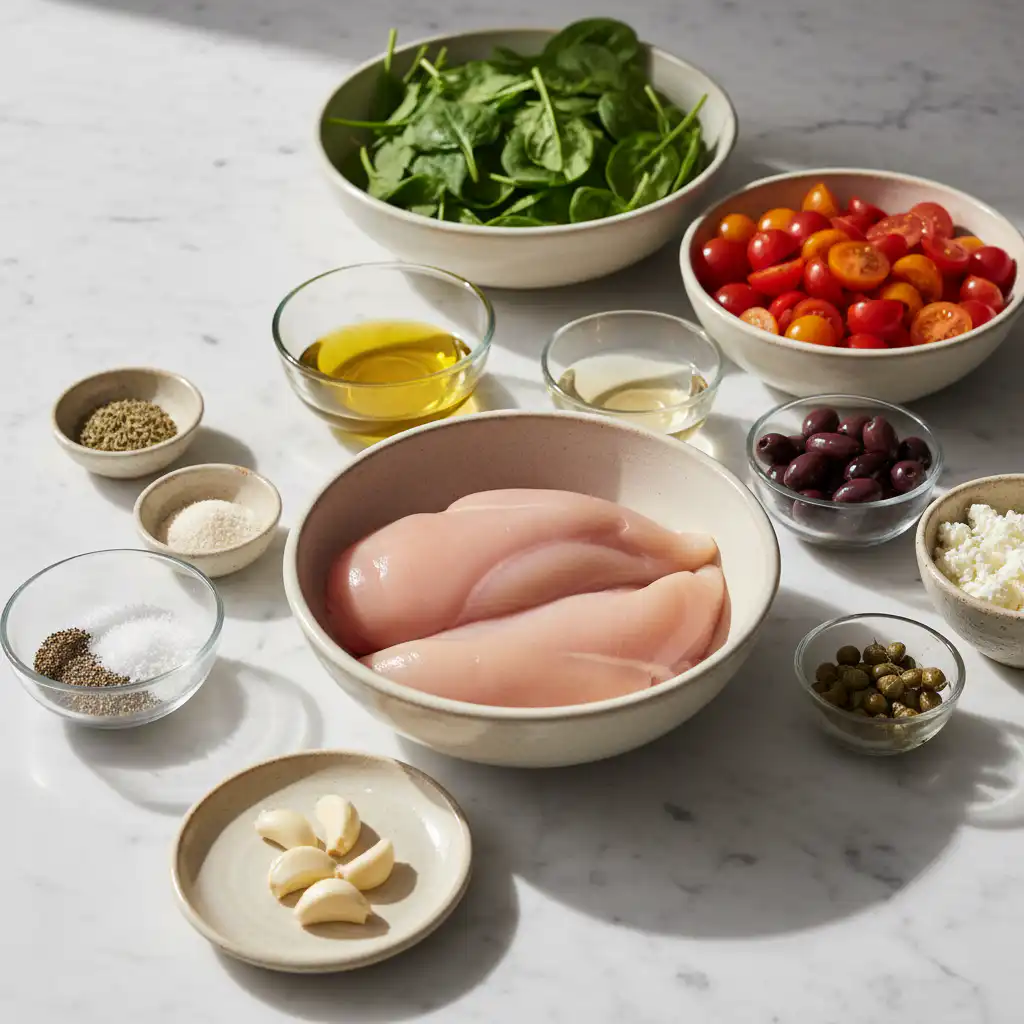 mediterranean-chicken-tenders-recipe-ingredients A vibrant display of fresh ingredients for a Mediterranean Chicken Tenders Recipe, including herbs, spices, and lemon.