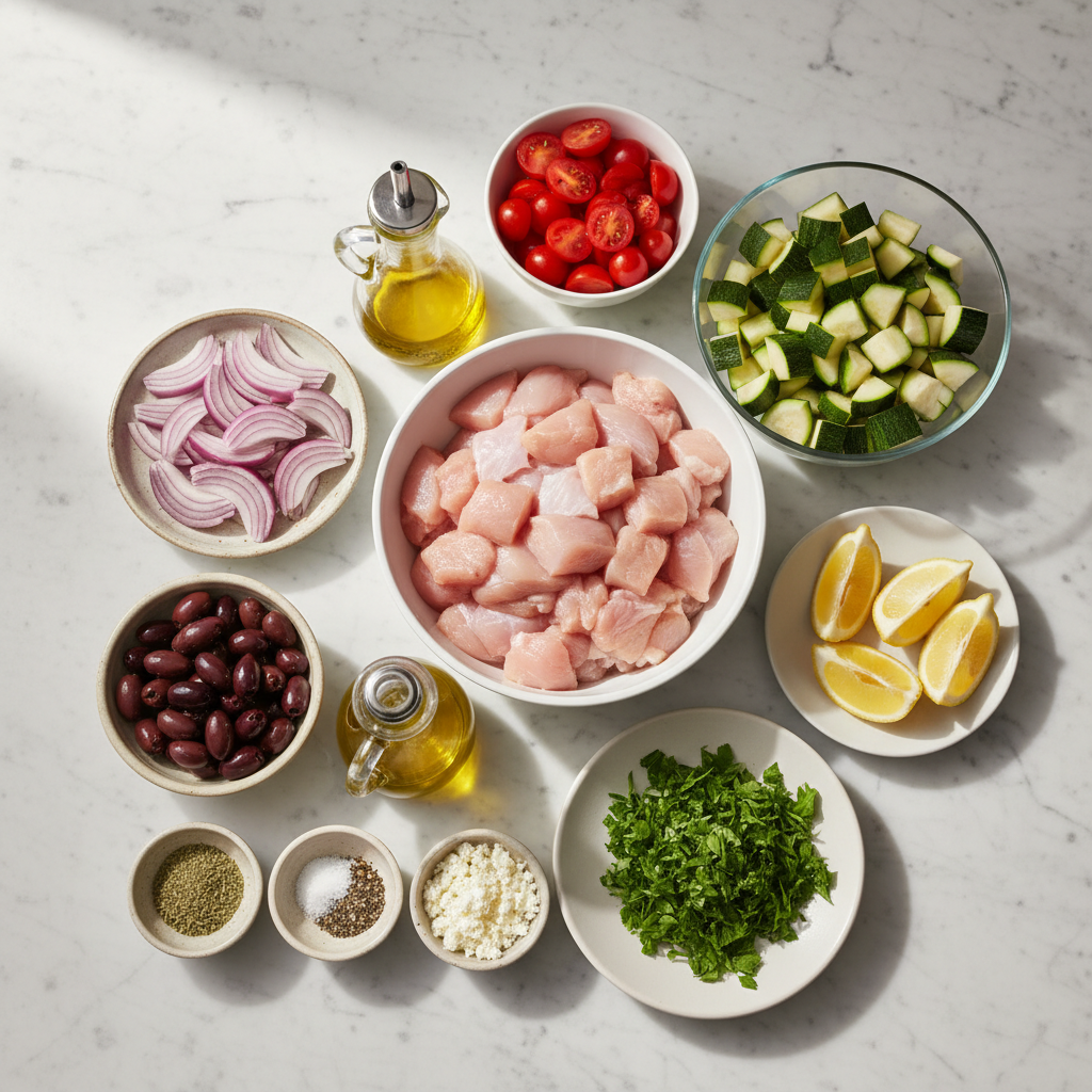 mediterranean-chicken-zucchini-bake-ingredients Fresh ingredients for a Mediterranean chicken zucchini bake, including diced chicken, sliced zucchini, cherry tomatoes, and herbs.