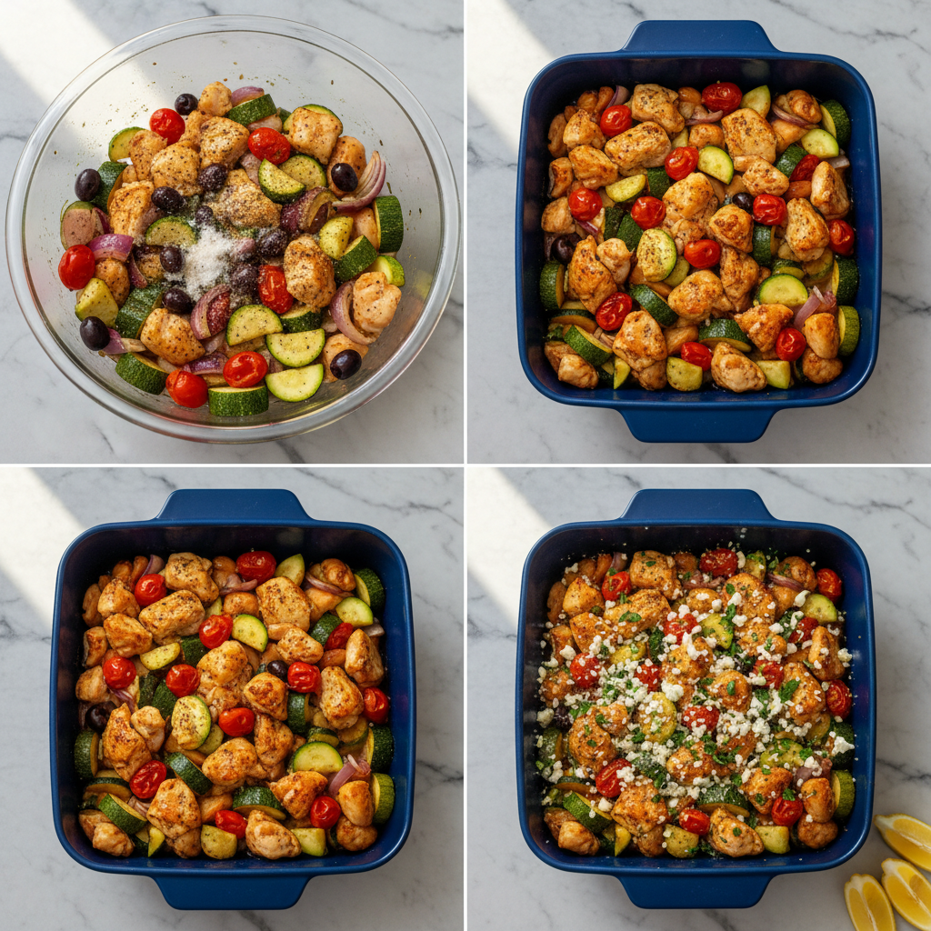 mediterranean-chicken-zucchini-bake-prep Hands assembling a Mediterranean chicken zucchini bake in a baking dish, layering chicken, zucchini, and seasonings.