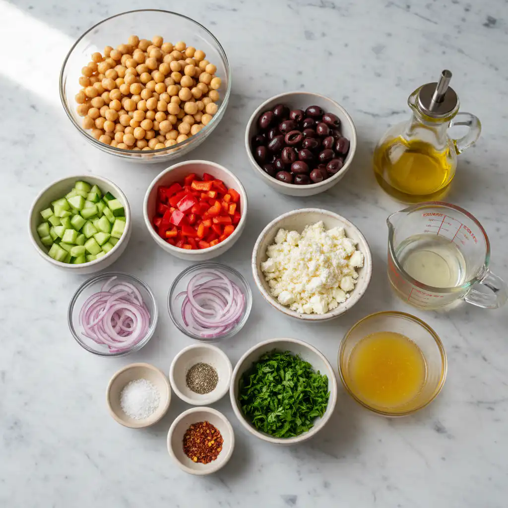 A colorful array of fresh vegetables and ingredients for a vibrant Mediterranean chickpea salad, including ripe tomatoes and crisp cucumbers.