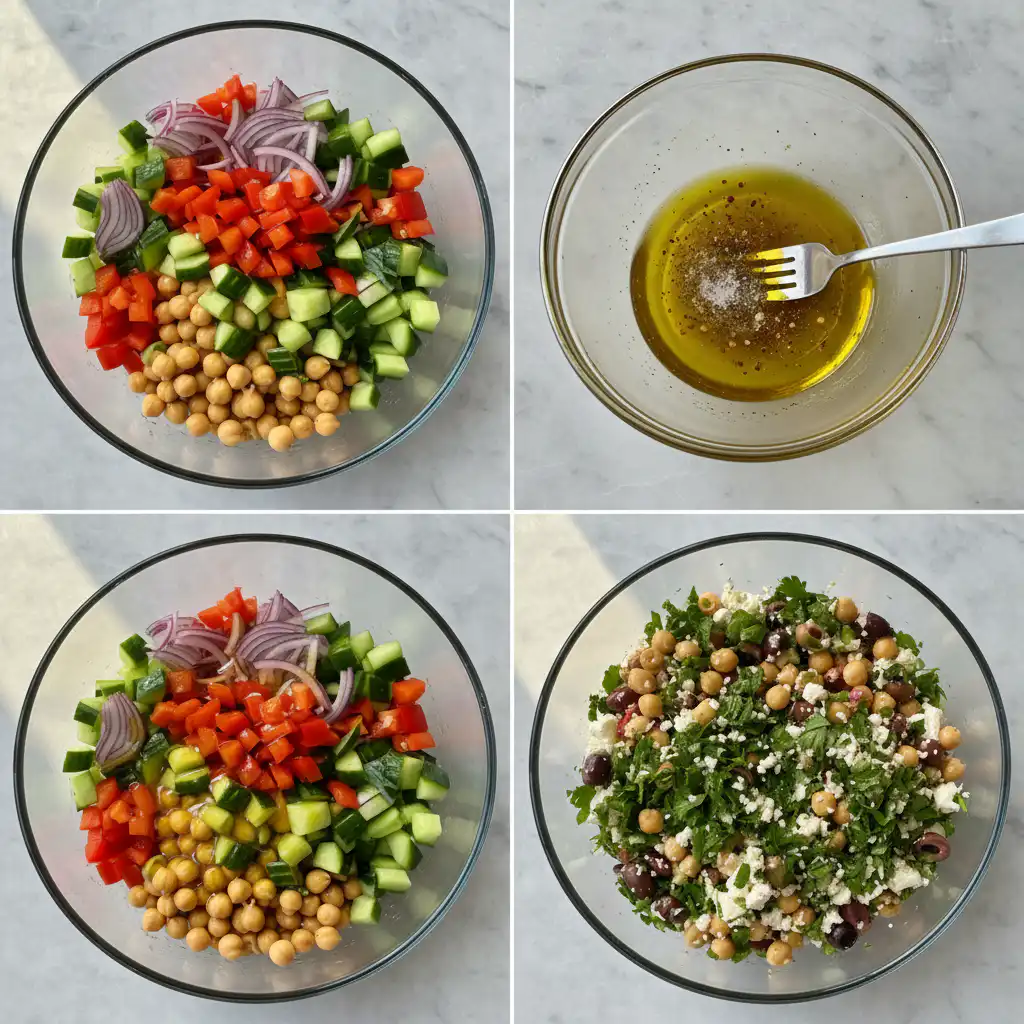Hands gently mixing chopped vegetables, herbs, and chickpeas in a large bowl, preparing a delicious Mediterranean chickpea salad.