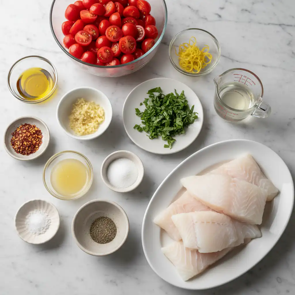 mediterranean-cod-in-tomato-basil-sauce-ingredients Fresh cod fillets, ripe tomatoes, fragrant basil, and other Mediterranean ingredients ready for the Mediterranean Cod in Tomato Basil Sauce recipe.