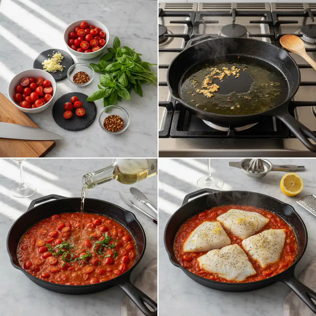 mediterranean-cod-in-tomato-basil-sauce-prep A chef carefully simmering Mediterranean cod in a rich tomato basil sauce, showing the preparation steps.